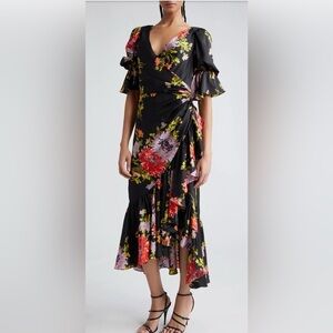 cinq a sept Black Floral Wrap Midi Dress with Multi-Color Blooms
